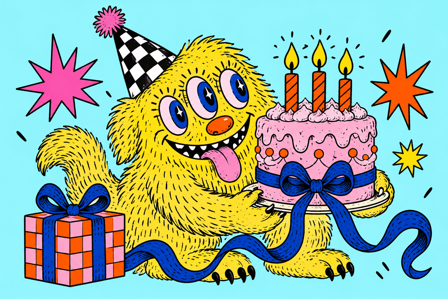 Illustrazione di una mascotte con una torta di compleanno e un regalo.