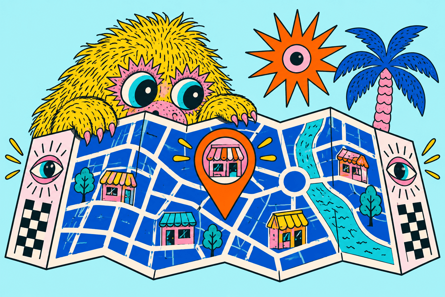 Illustrazione di una mascotte che esplora una mappa con negozi e un segnaposto.