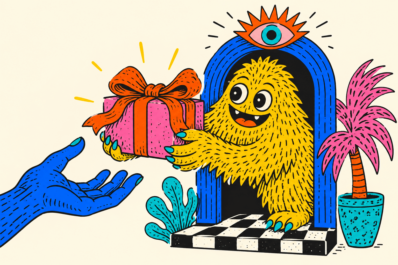 Illustrazione di una mascotte che offre un regalo dalla porta di un negozio.