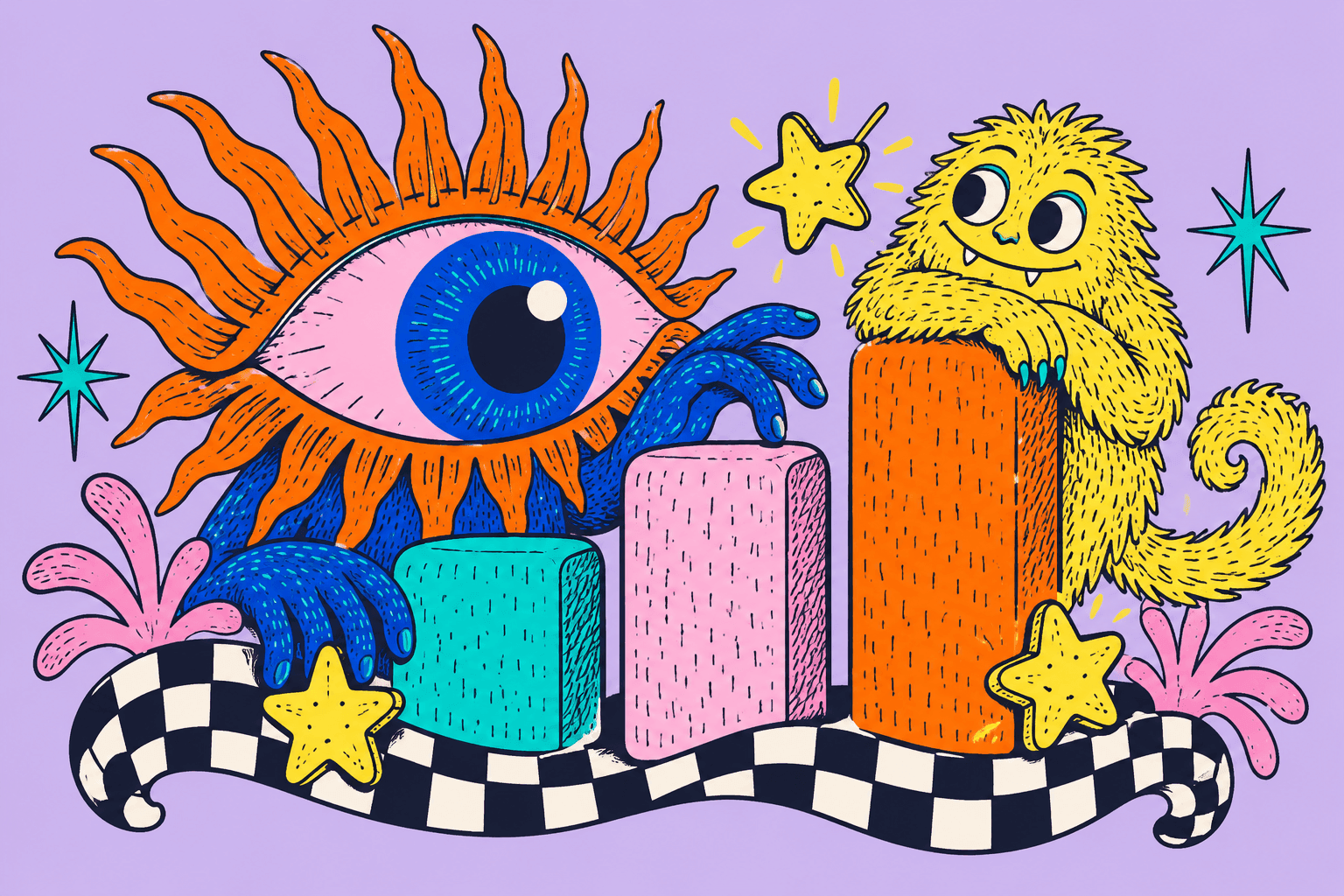 Illustrazione di un occhio e una mascotte accanto a un grafico a colonne.
