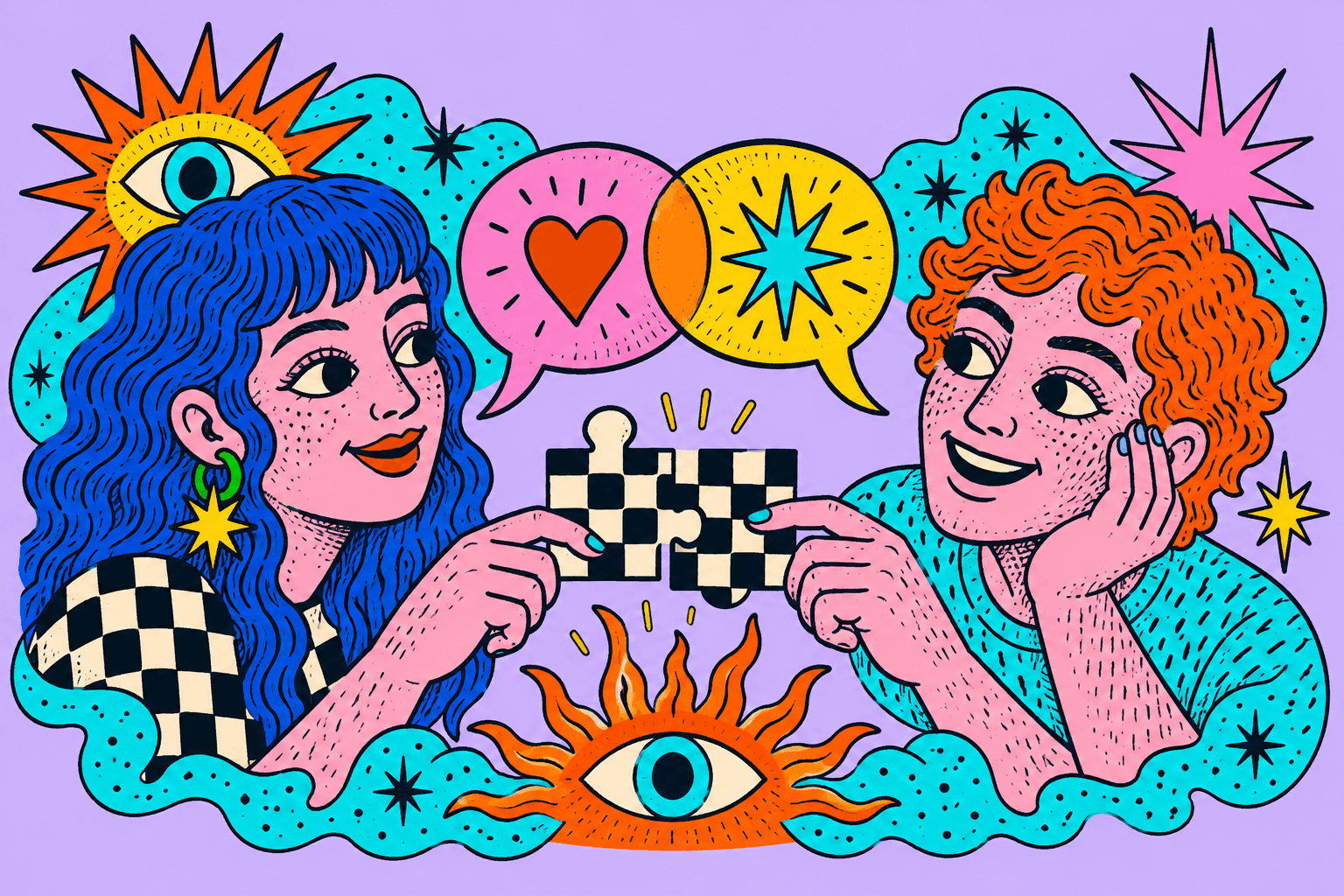 Illustrazione di due persone che dialogano e uniscono le tessere di un puzzle.