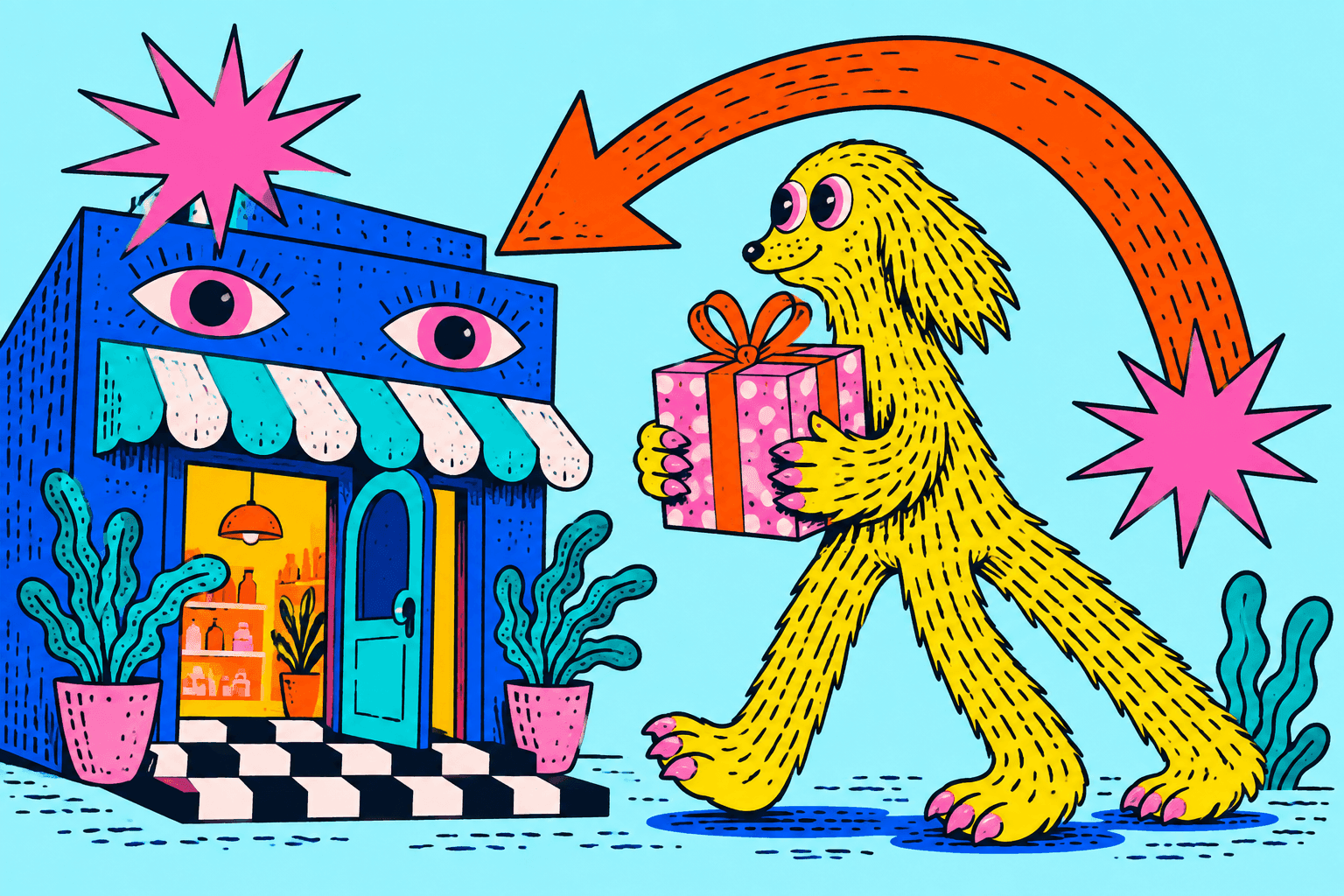 Illustrazione di una mascotte con un regalo davanti a un negozio.