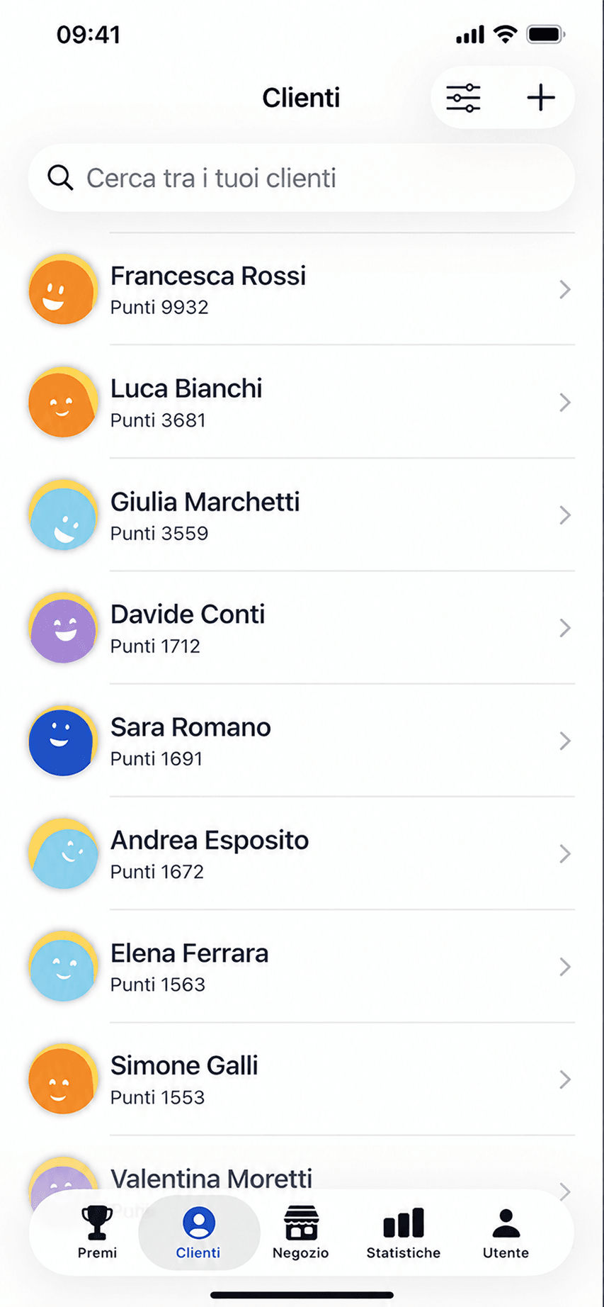 App Fidelis dell’esercente: elenco dei clienti con il saldo punti di ciascuno.